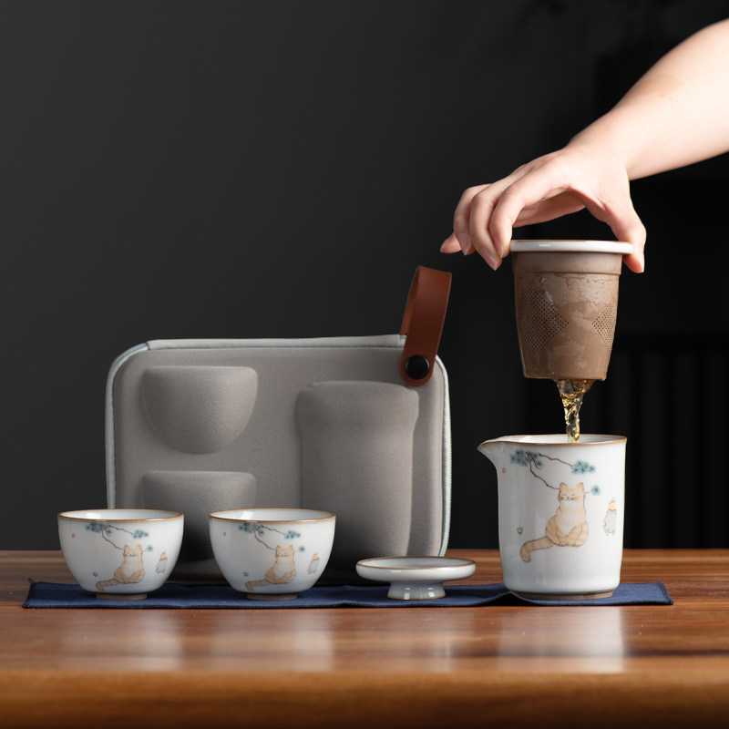 Ceramic Ru Kiln Travel Tea Set Outdoor Portable Bag Tea Set Group One Pot Two Cup Quick Guest Cup Office Bubble Teapot