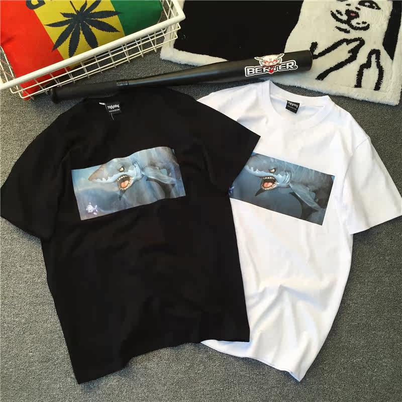 夏季欧美卡通3D印花鲨鱼短袖T恤男街头复古情侣半袖纯棉潮男短tee