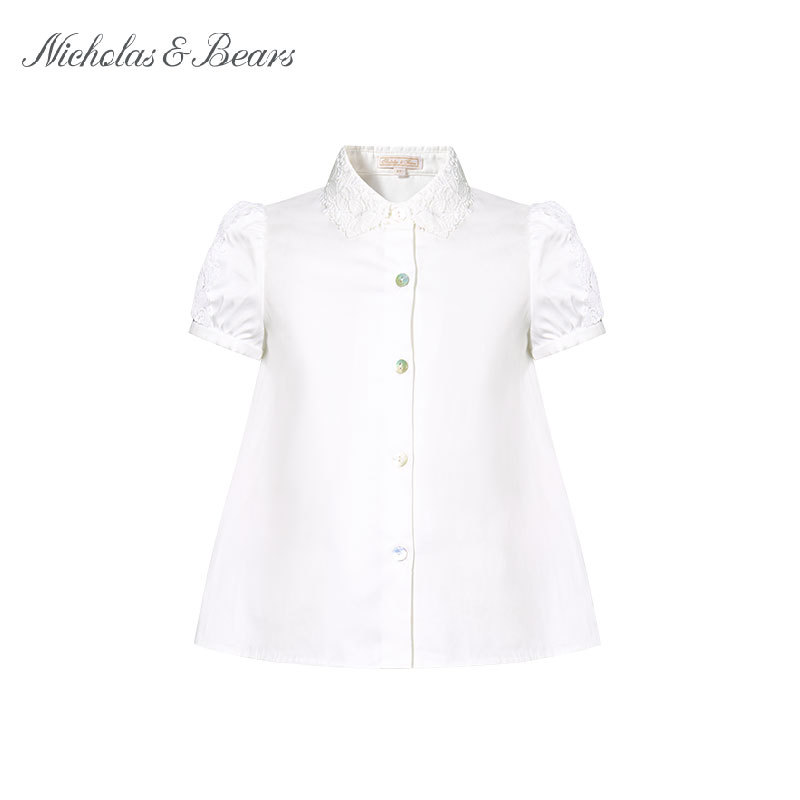 Ligao Piyi Bear Spring/Summer New Girls' Lace Puff Sleeve Shirt Fashionable Turn-Down Collar Elegant Sweet Versatile Vii