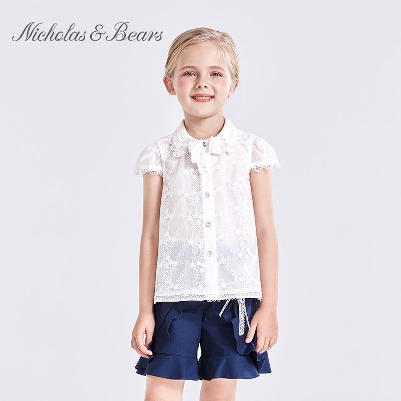 Ligao Piyi Bear New Girls' Lace Floral Top with Bow Design Princess Short-Sleeved White Shirt Summer Vi Ligao Piyi Bear New Girls' Lace Floral Top with Bow Design Princess Short-Sleeved White Shirt Summer Vi