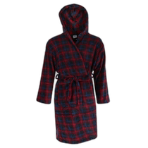 Wanted Mens Wool Hooded Flannel Robe - Burgundy Navy Plaid (USA Outlet