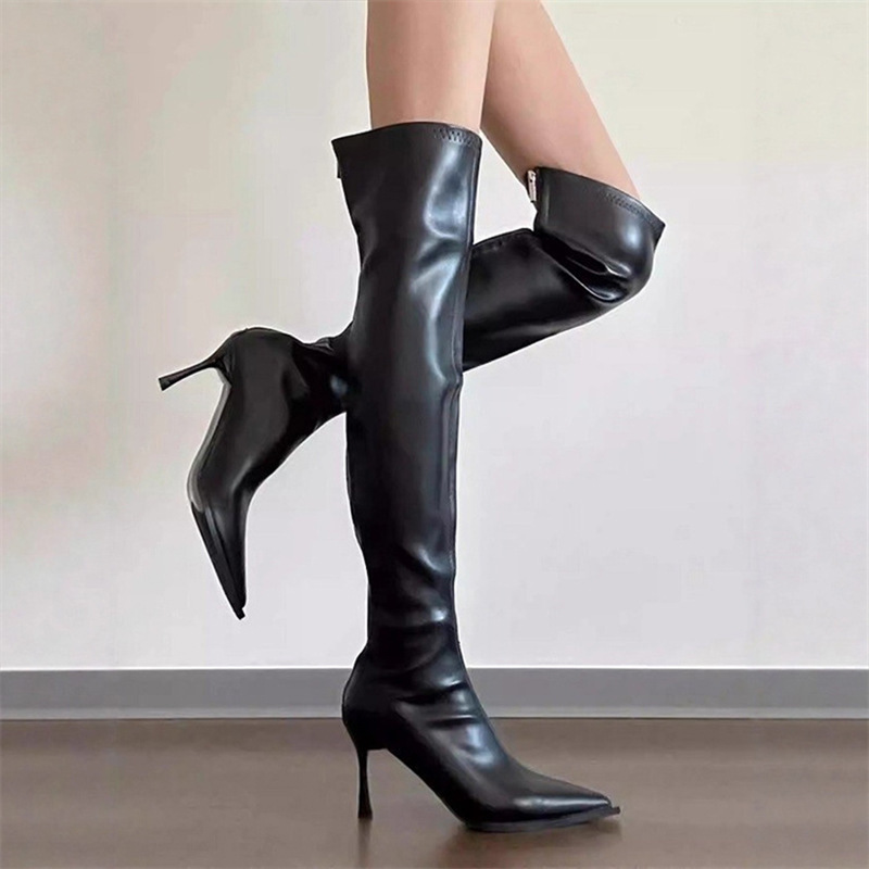 Pointed-Toe Over-The-Knee Faux Leather Long Boots for Women, 2025 New Style, Petite High-Heeled Stretchy Slim Boots, Sexy Stiletto Leather Boots