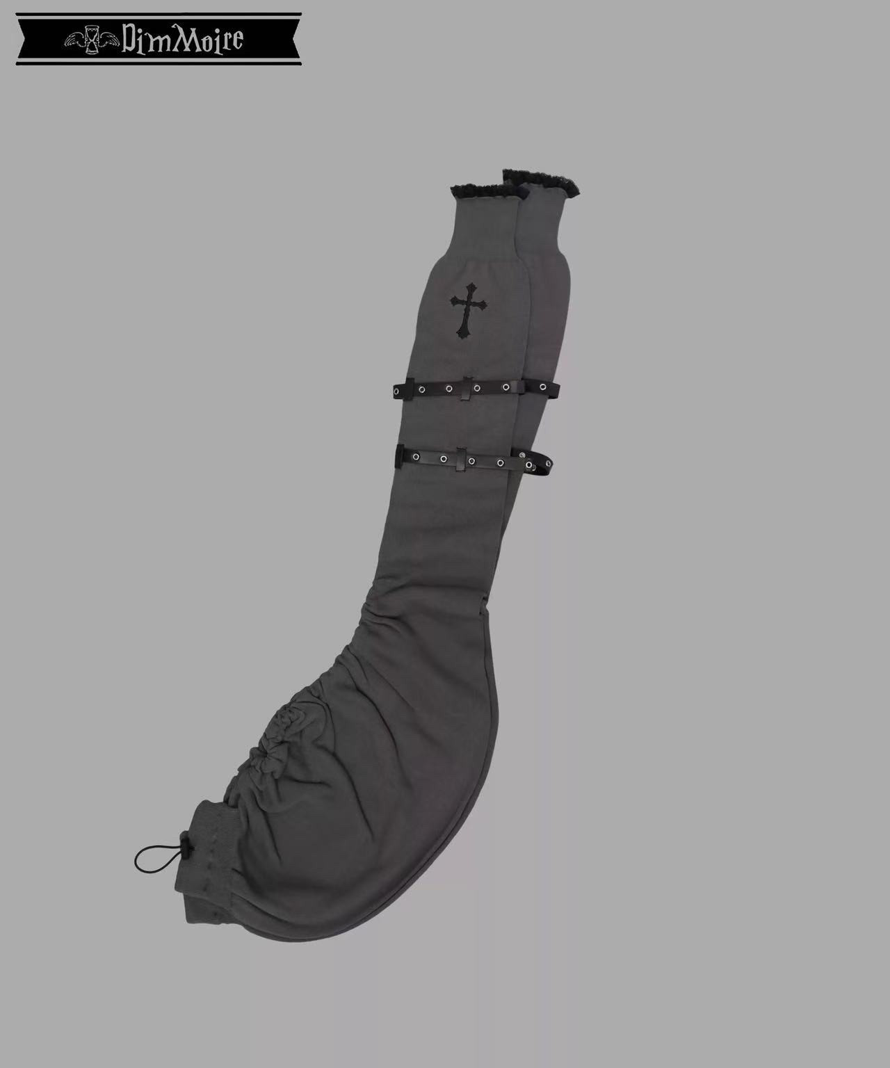 Dimmoire black and gray knitted cross leg warmers with leather