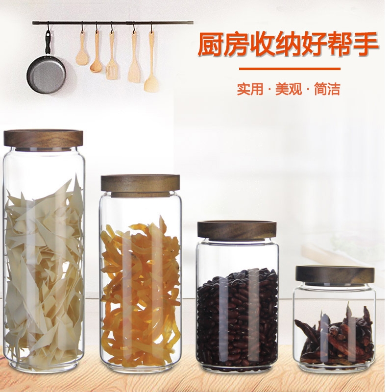 Royal pure Japanese acacia wood cover glass storage tank snack dried fruit candy seal pot caddy fixings is received