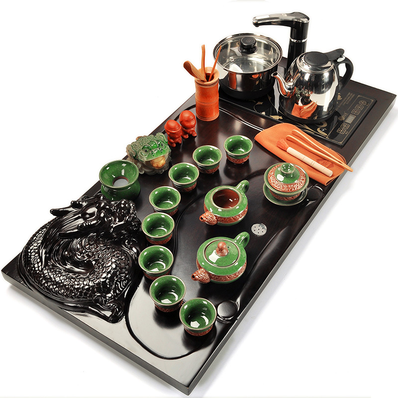 A complete set of tea set purple ceramic ice crack kung fu tea set automatic water tea tray tea family contracted