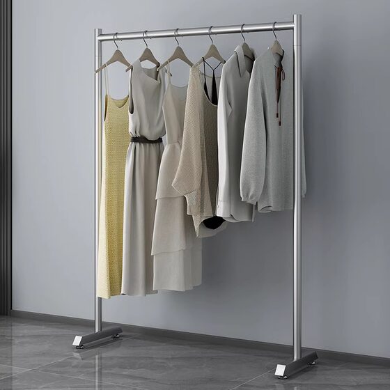 Stainless Steel Single-Rod Clothes Drying Rack, Floor-Standing Bedroom Clothes Rack, Household Clothes Hanging Rod, Simple Room Dressing Room Rack
