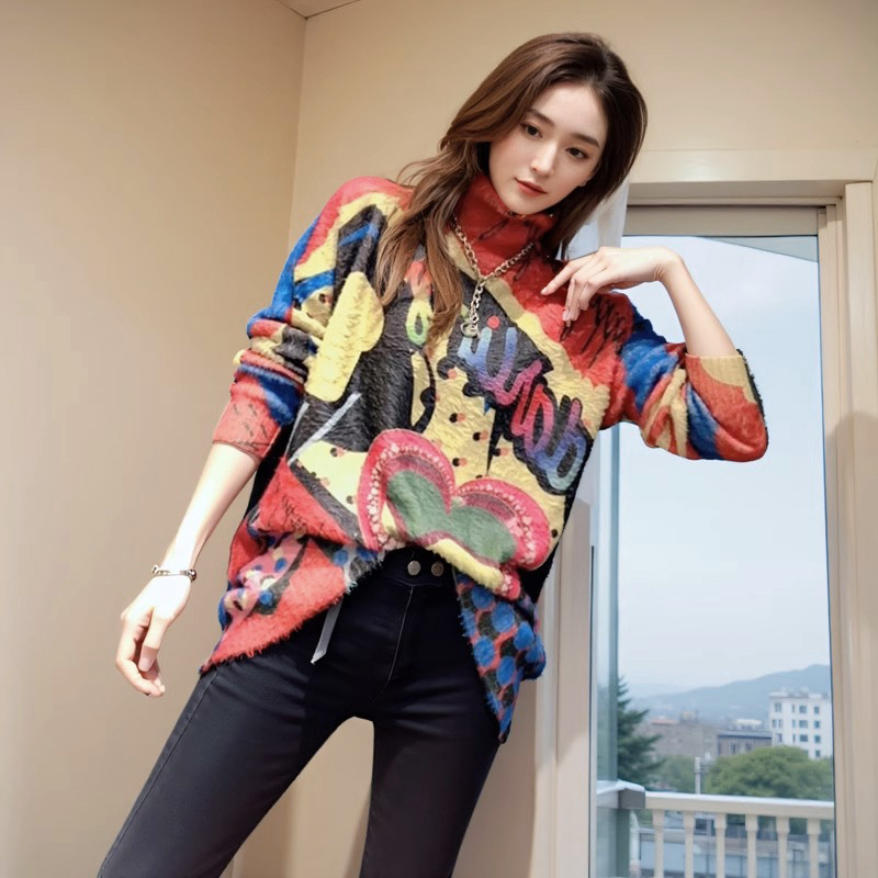 New Fashionable Loose and Lazy Style Printed Mink Fur Turtleneck Knitwear for Women, Versatile and Warm Base Layer for Autumn and Winter
