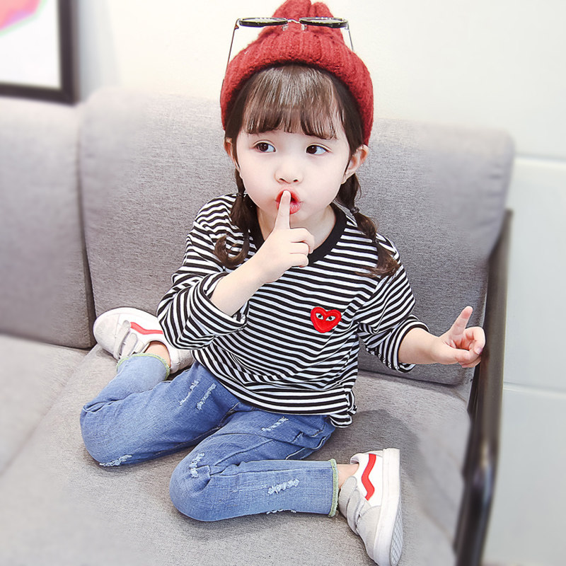 Girl Black White Striped T-shirt Spring Autumn Clothing 19 new male baby round collar Long sleeves Nets 3-year-old children's blouses