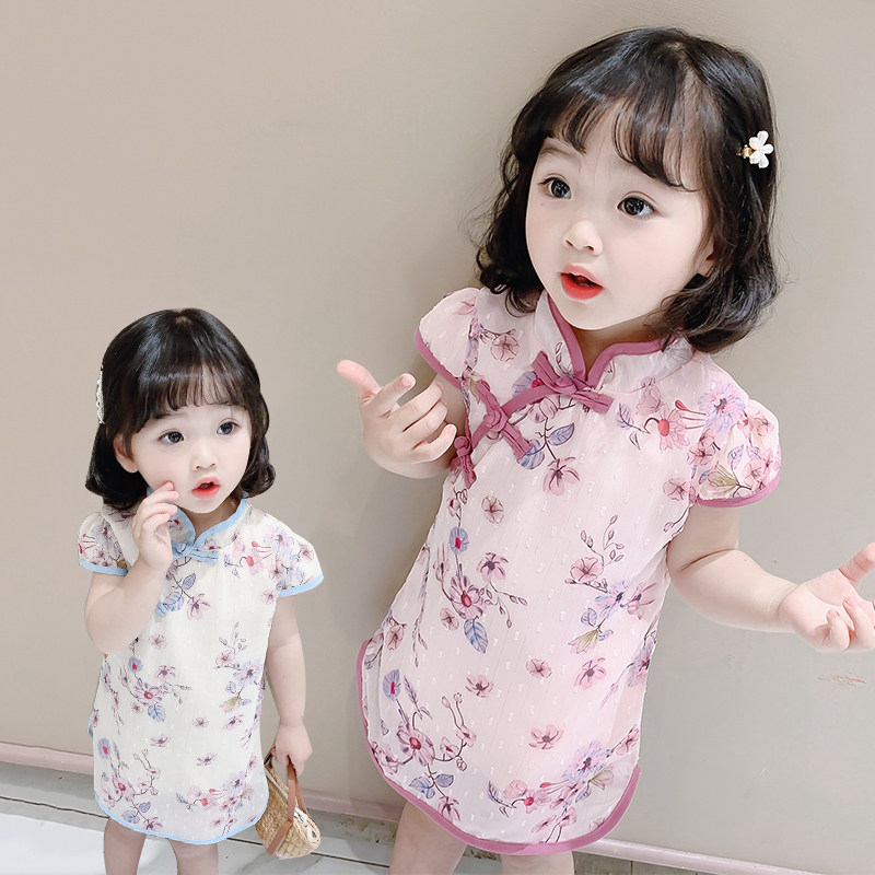 Girls' improved cheongsam dress summer thin baby children's Chinese style slim lace short-sleeved princess skirt