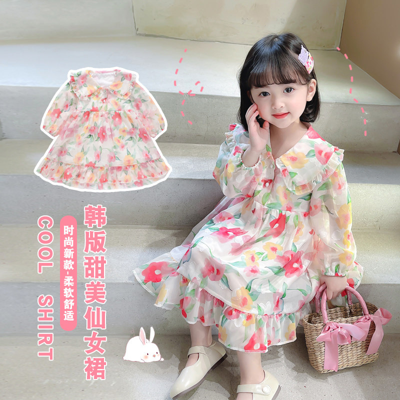 Little girl's floral dress spring and autumn dress 2020 new children's Western style long-sleeved chiffon skirt baby princess skirt
