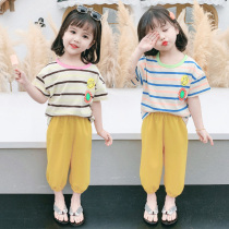 Girl Foreign Air Suit Summer Dress New Kids Baby Mesh Red Striped Short Sleeve Snowspun Long Pants Two Sets Tide