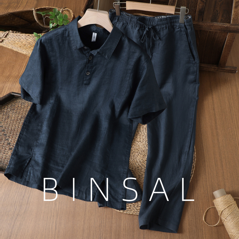 Old Money Style Pure Linen Business Casual Polo Shirt and Pants Set, All Linen Short-Sleeved T-Shirt and Casual Pants Set
