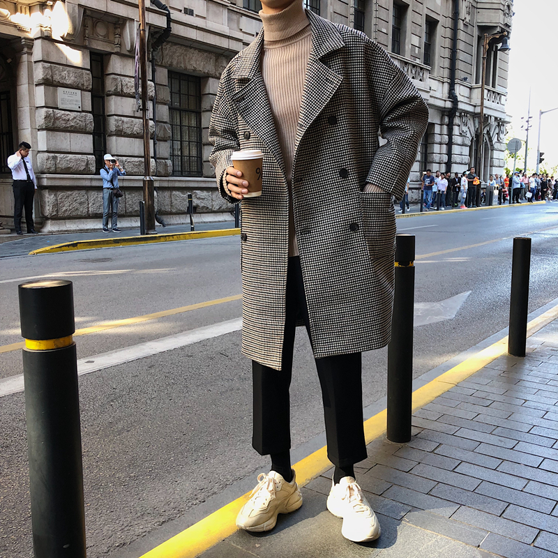 Thái độ cổ điển Pháp houndstooth áo khoác len in lưới đỏ Hàn Quốc áo dài kẻ sọc nam áo bomber