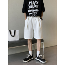HOZI Mens Clothing Summer New Less Creamy Vertical Stripes Casual Loose Straight Cylinder White Suit Shorts 50% Pants