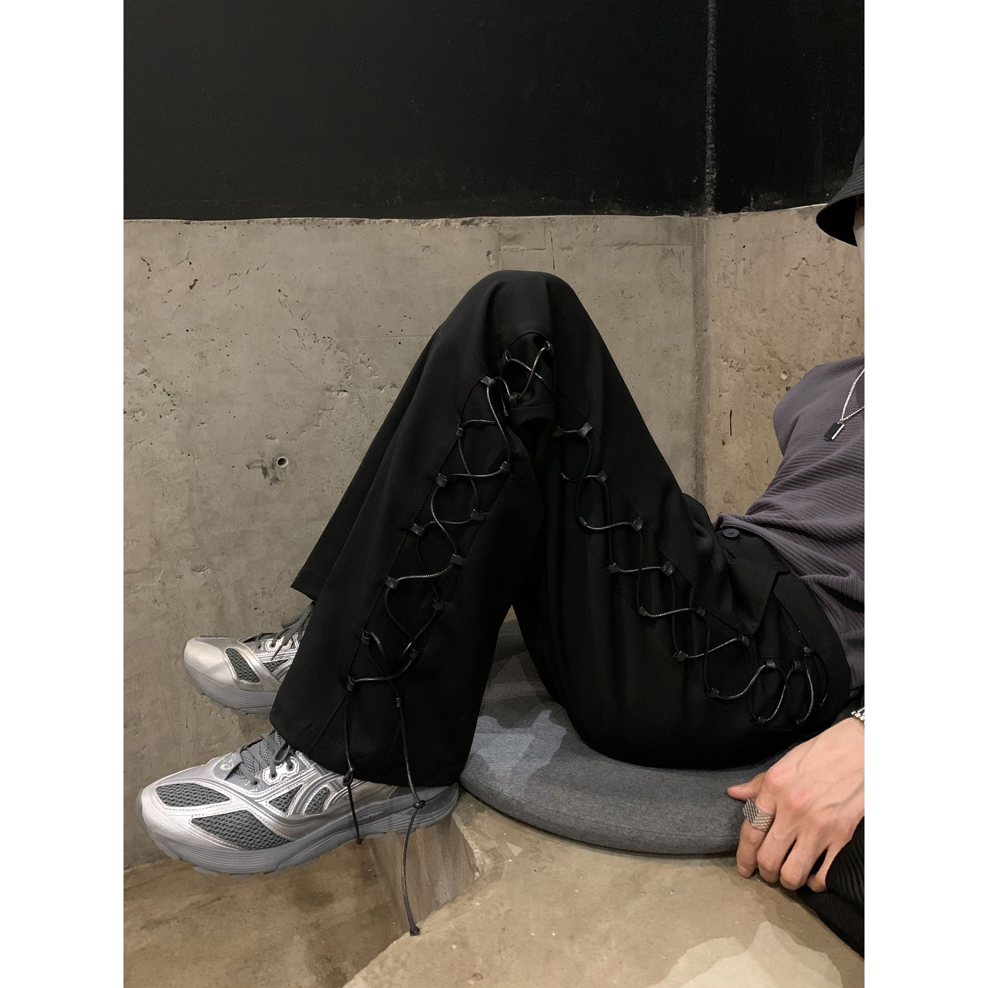 Summer Clear # Small Dark Men's Clothing 2022 Summer Side Interwoven Rope Design Definite Black Leisure Pants
