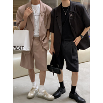 A super-valued clearance#设计师韩版夏季复古垫肩短袖短裤西服西装套装轻熟风男 a long time off.