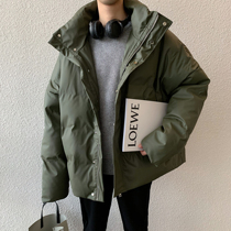 HOZI winter New stand collar loose green leather cotton coat Korean version of ins bread cotton coat mens coat trend thickened