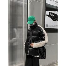 HOZI2022 winter new stand-up collar down jacket personality plush paneling trend warm jacket top for men