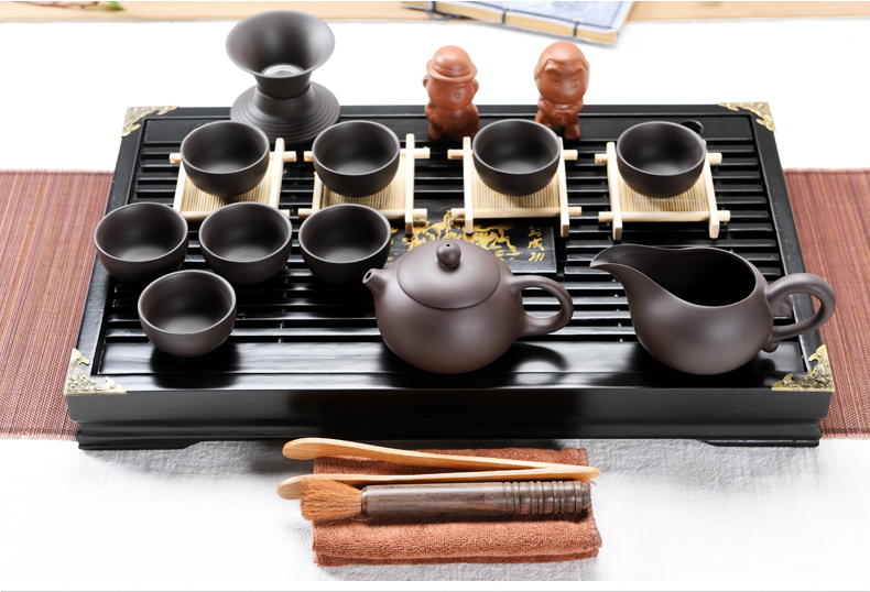 Purple sand pottery and porcelain kung fu tea set household small cup small office solid wood tea tray was the draw - out type tea table set