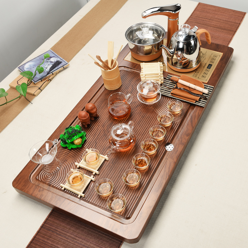 Violet arenaceous kung fu tea set solid wood tea tray of a complete set of household contracted suit electromagnetic heat furnace automatic four unity