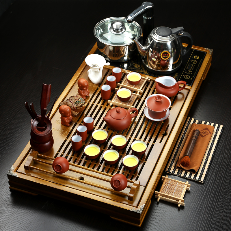 Purple sand pottery and porcelain kung fu tea set household contracted small office solid wood tea tray cups the draw - out type tea table set