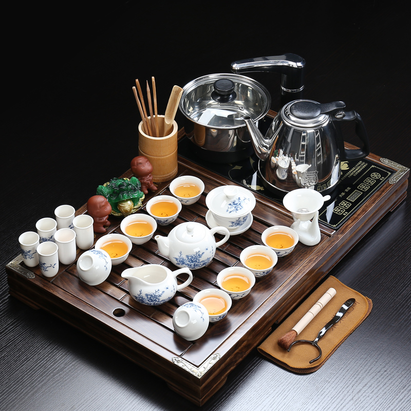 ZongTang violet arenaceous kung fu tea set suit household contracted ceramic cups of tea sets tea solid wood tea tray was magnetic electric heating furnace