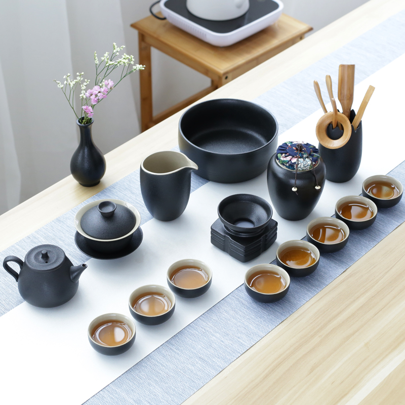 Black pottery tea set kung fu tea set office sitting room household contracted ceramic tureen restoring ancient ways of a complete set of tea cups
