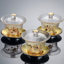Tin gold inlaid heat-resistant thickened glass lid bowl three talented tea bowl tea bowl single kung fu tea set accessories