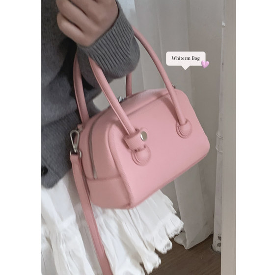 韩国手提保龄球包包女士2024新款潮时尚樱花粉小方包斜挎通勤包