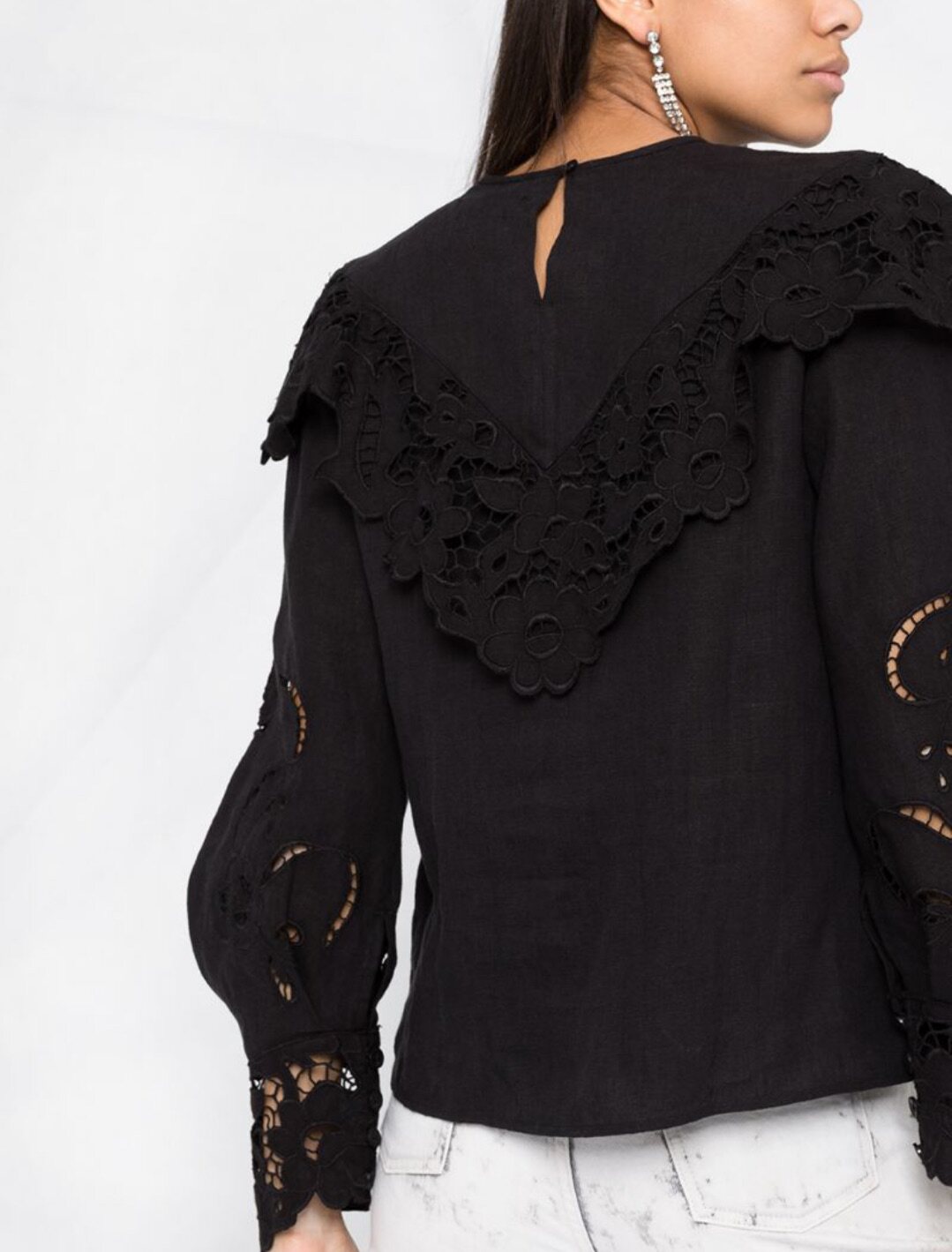 Xiangjia 2022 new linen full hand-cut flowers French hollow lace top white shirt women's autumn and winter