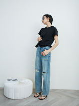 High street tide in 2023 new high - waist small low - waist small wide - legged lap hole straight - tube jeans spring