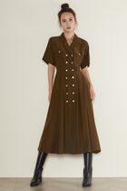 Thin paper people literary art military style sand wash silk waist waist A high waist suit collar short sleeve dress women