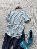 High - end fabric Japanese ice filament liquid ammonia cotton loose round - collar pure tops new short - sleeved t - shirt man