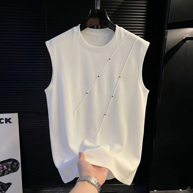 White American-Style Pleated Studded Vest for Men, Summer High-End Sleeveless T-Shirt, Trendy Brand, Cool and Unique Undershirt White American-Style Pleated Studded Vest for Men, Summer High-End Sleeveless T-Shirt, Trendy Brand, Cool and Unique Undershirt