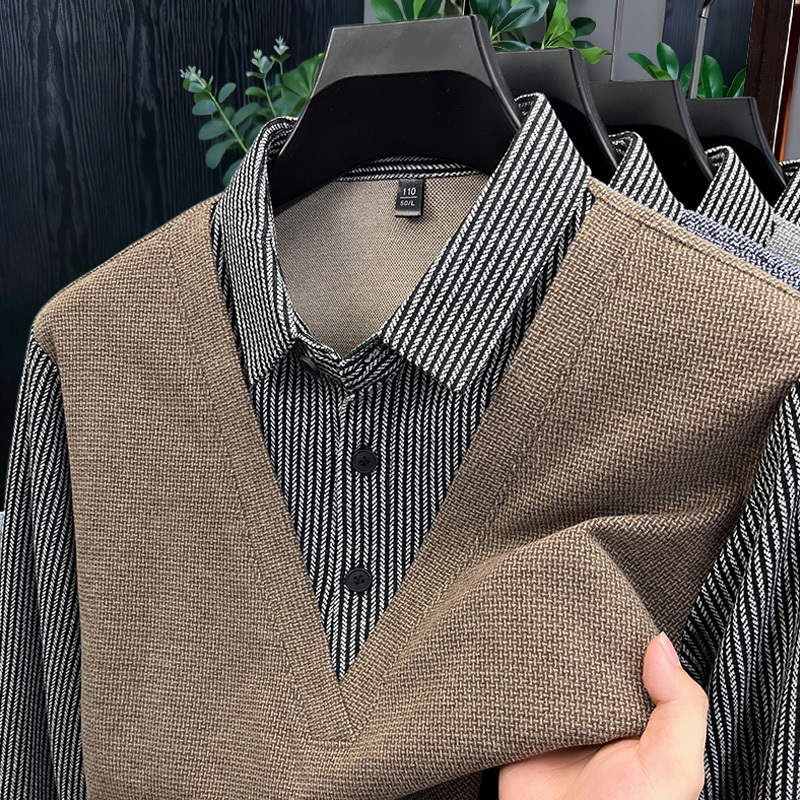 Fake Two-Piece Shirt for Men 2025 New Spring and Autumn Business Casual Knitwear Striped Shirt Collar Sweater Trendy Fake Two-Piece Shirt for Men 2025 New Spring and Autumn Business Casual Knitwear Striped Shirt Collar Sweater Trendy