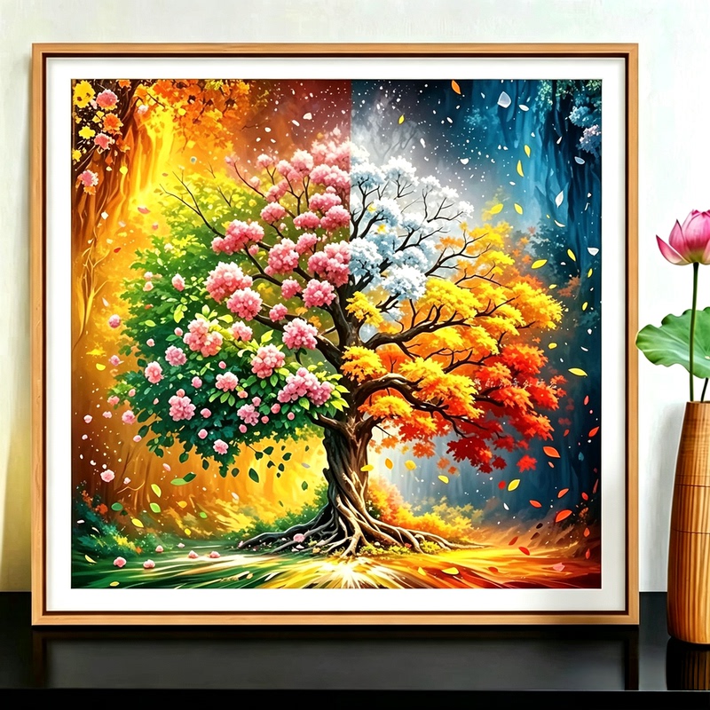 Four Seasons Fortune Tree Diamond Painting 2026 New Model for Living Room and Dining Room, High-End Artistic Cross-Stitch 5D Full Diamond