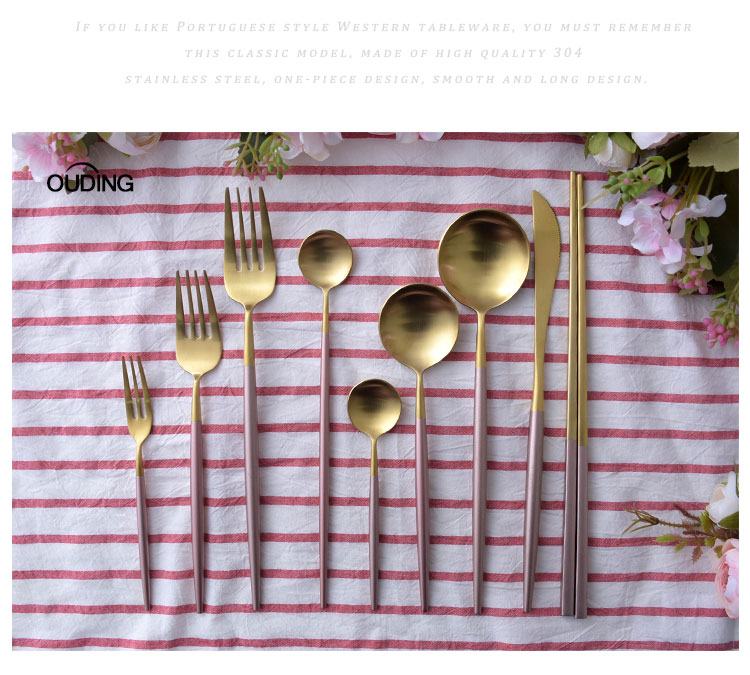 OUDING cherry blossom put pink gold knife and the fork INS steak knife and fork suit household fork spoon stainless steel western tableware