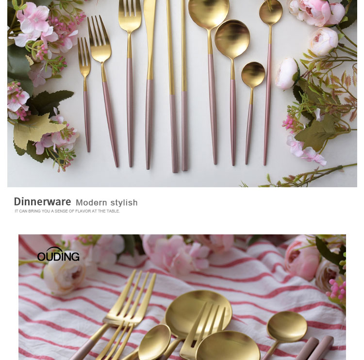 OUDING cherry blossom put pink gold knife and the fork INS steak knife and fork suit household fork spoon stainless steel western tableware