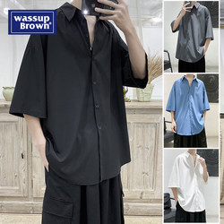 Wassup ice silk shirt men's summer thin bottom black shirt high -level high -level sensor, handsome loose short sleeve jacket