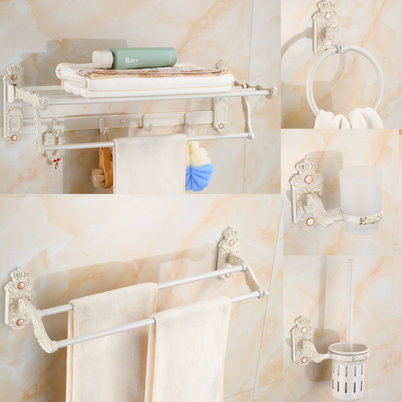 Ivory White European Style Bathroom Bathroom Wall Hanging Towel Rack Toiletries Set Single Pole Toilet Brush Storage Rack