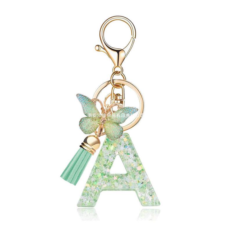 Resin Pendant Creative Keychain Keyring Cross-Border Resin Best Friend American Style Green 26 Gift Butterfly with Letter