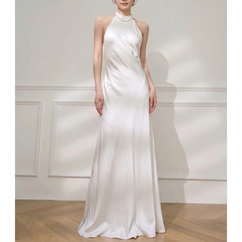 Minority Dress Light Wedding Dress with Halter Neck, French-Style Simple Design, Suitable for Travel Photography, White Color, Slimming Effect, Korean-Style Bridal Gown for Wedding Banquet and Outings