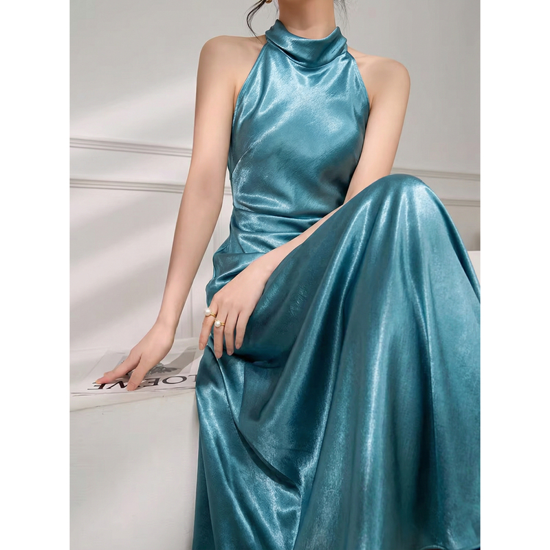 Minority French-Style High-End Halter Neck Backless Satin Gown for Women, Light Luxury Elegant Evening Party Floor-Length Dress
