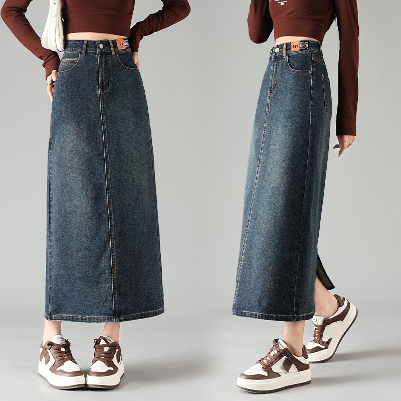 Denim Skirt for Women 2026 Spring and Autumn New High-Waisted Over-The-Knee Mid-Length Slit Retro Straight Long Skirt