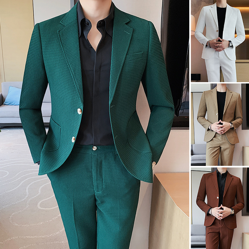 Waffle Weave Men's Suit Set with a High-End Feel, Korean Style Casual Business Formal Wear, 2026 New Model, Dark Green Blazer