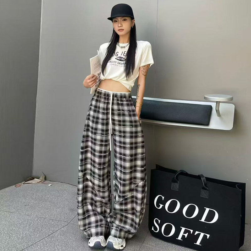 2026 Spring/Summer New Lazy Style Patterned Casual Pants for Women with Color-Block Design and Drawstring Wide-Leg Walking Pants