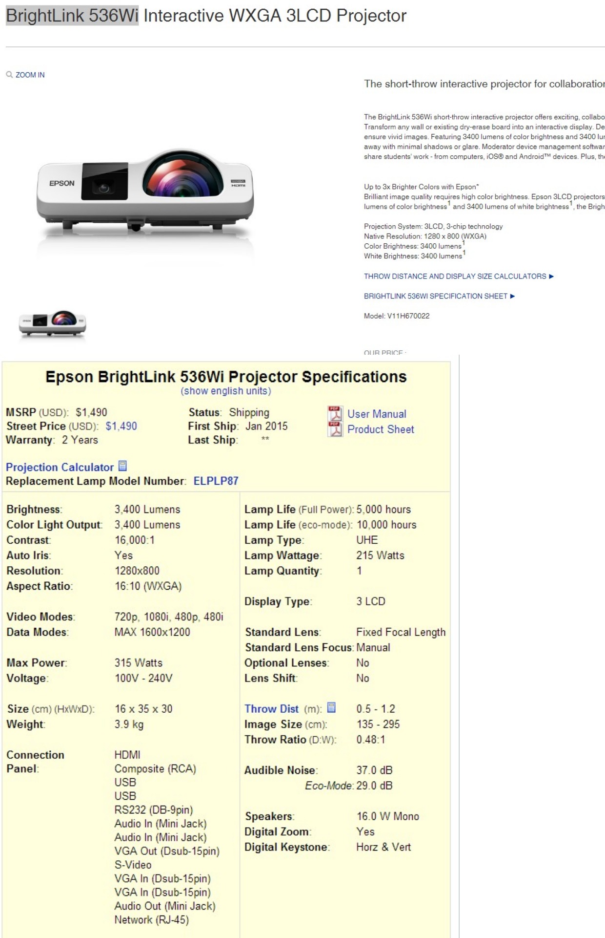 Epson EB-536W 436WII Ultra Short-Short Lens góc rộng Máy chiếu / Dụng cụ HD HDMI Giáo dục kinh doanh