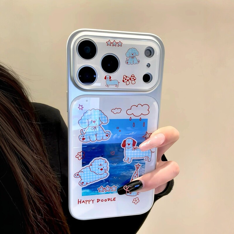 Korean-Style Ins Cartoon Plaid Puppy Poster with Electroplated Silver Frame Suitable for iPhone 17 Pro Max Phone Case, New Apple 15 Pro, 16 Large Window, 13 for Women, 14 Hard Case, 15 Anti-Drop Protective Cover