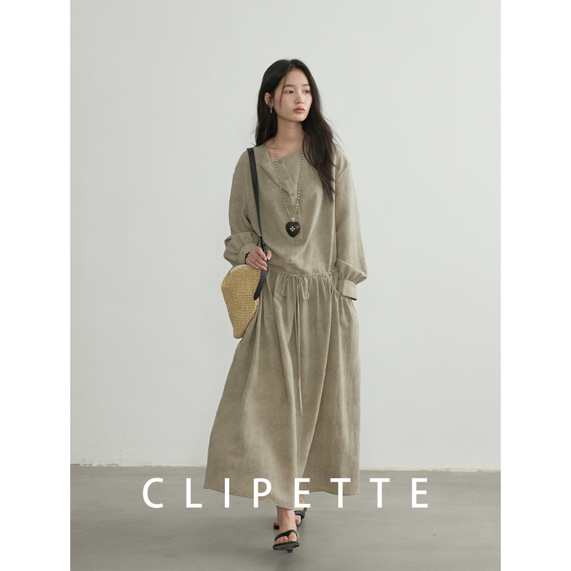 Clipette Spring Tencel Linen Mixed Texture Slightly Flared Collar Ruched Waist Slimming Long-Sleeve Dress