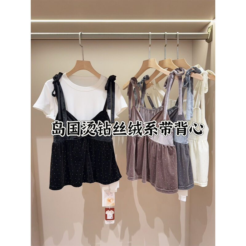 Island Country Style Velvet Rhinestone Bow Tie Layered Camisole Top
